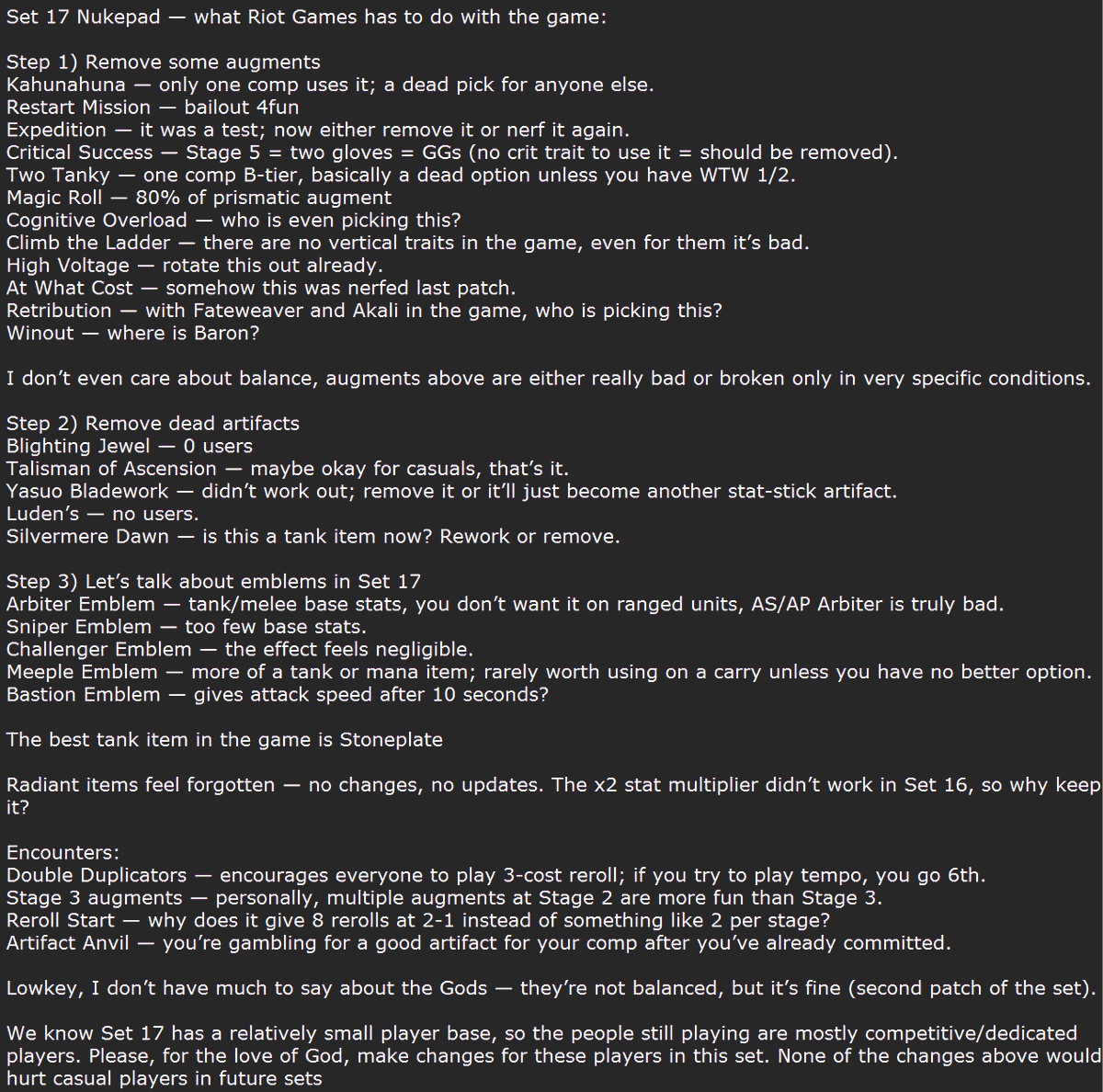 Deis1k's tweet photo. Would like to see some of this changes in the next patches. 

I truly believe that we should use rest of this set to test things out for the future sets. https://t.co/zGQQWUkre6