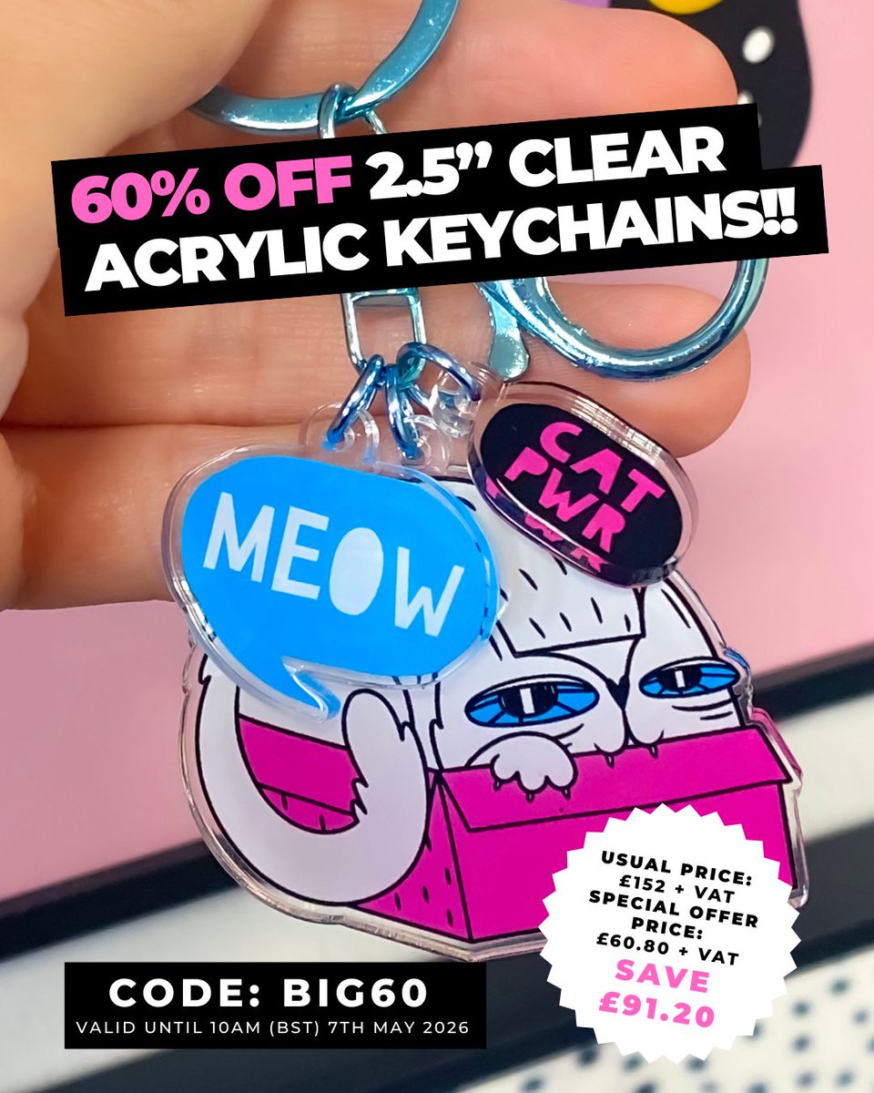 ZapCreatives's tweet image. ⭐ GET A MASSIVE 60% OFF clear acrylic keychains with code: BIG60📷SAVE £91.20!!!!  
Offer valid until 10am (BST) 7th May 2026! Be quick and stock up before it's gone!  

Click here to enjoy this offer &amp;gt;&amp;gt; tinyurl.com/bde3tubp 
#keychains #merch #discount #eco #artist #custom