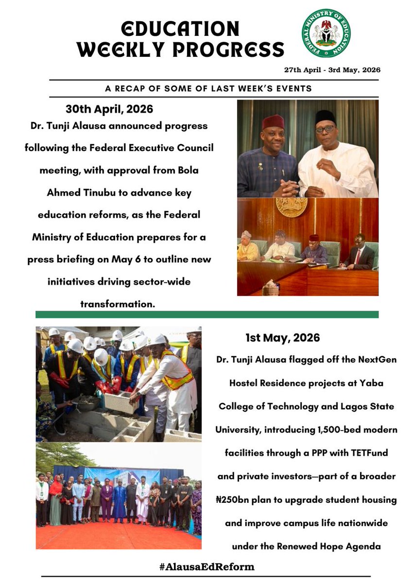 Another week, another clear window into purposeful governance. <a href="/DrTunjiAlausa/">Dr. Tunji Alausa</a> continues to demonstrate that education reform is tracked, shared &amp; explained to the public with consistency &amp; steady rhythm of engagement strengthening confidence in reform direction. #AlausaEdReform