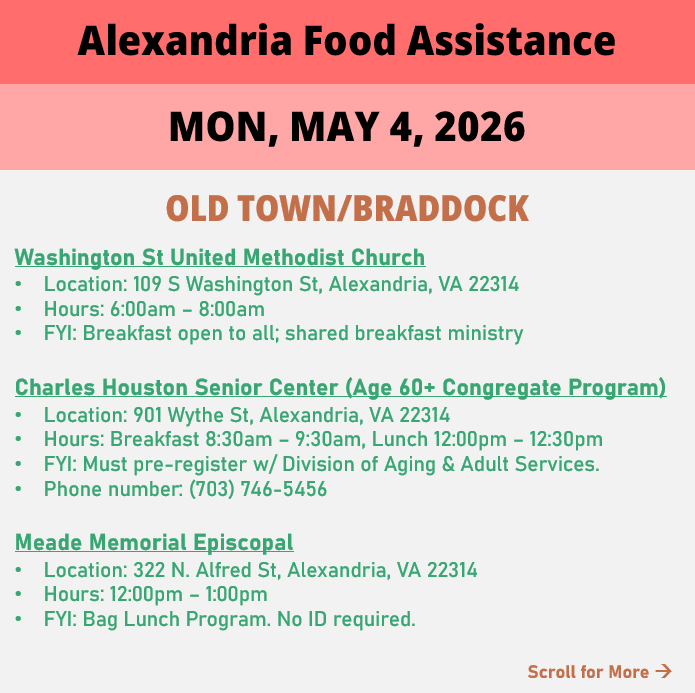 hungerfreealx's tweet image. (Post 1 of 2) On Monday, May 4, here are open locations in Alexandria, VA for food assistance, organized by neighborhood. Everybody deserves to eat. #help #finding #food #alexandriava