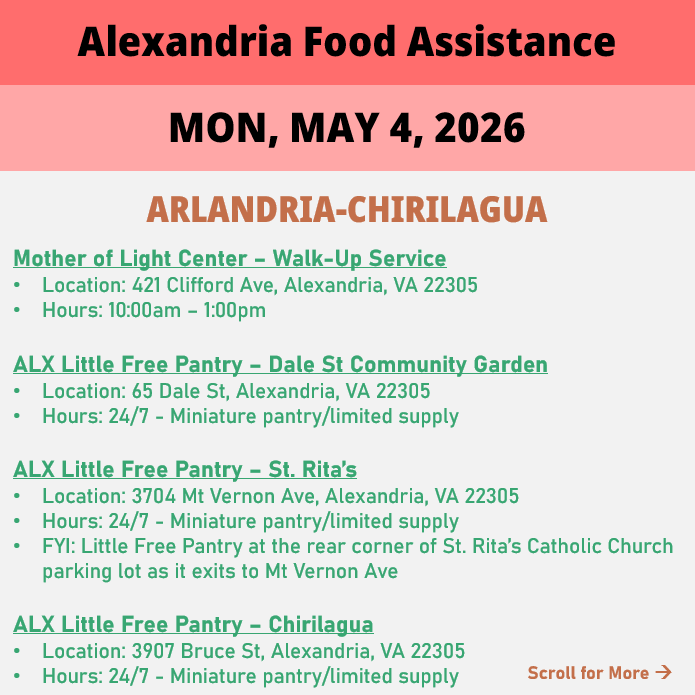hungerfreealx's tweet image. (Post 2 of 2) On Monday, May 4, here are open locations in Alexandria, VA for food assistance, organized by neighborhood. Everybody deserves to eat. #help #finding #food #alexandriava