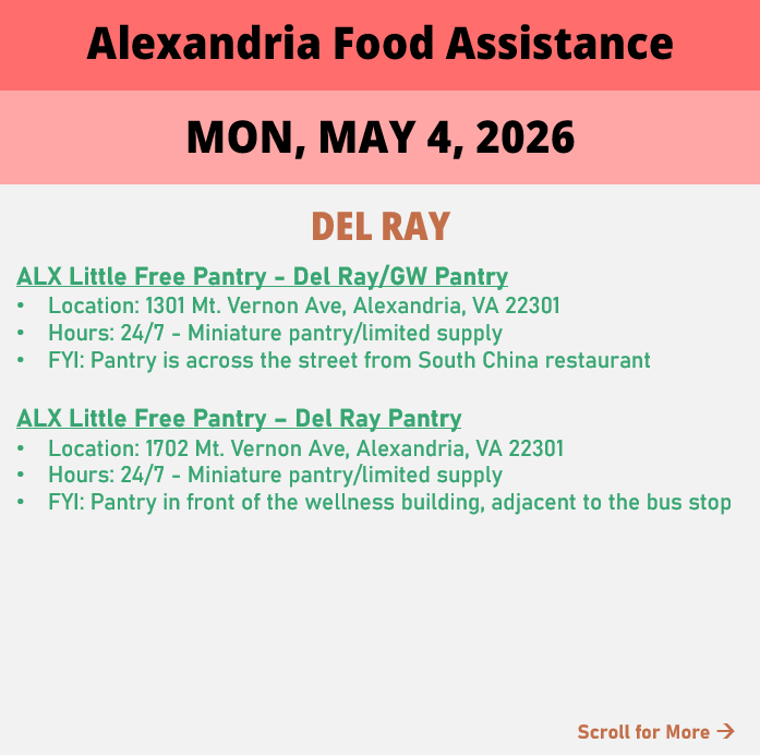hungerfreealx's tweet image. (Post 2 of 2) On Monday, May 4, here are open locations in Alexandria, VA for food assistance, organized by neighborhood. Everybody deserves to eat. #help #finding #food #alexandriava