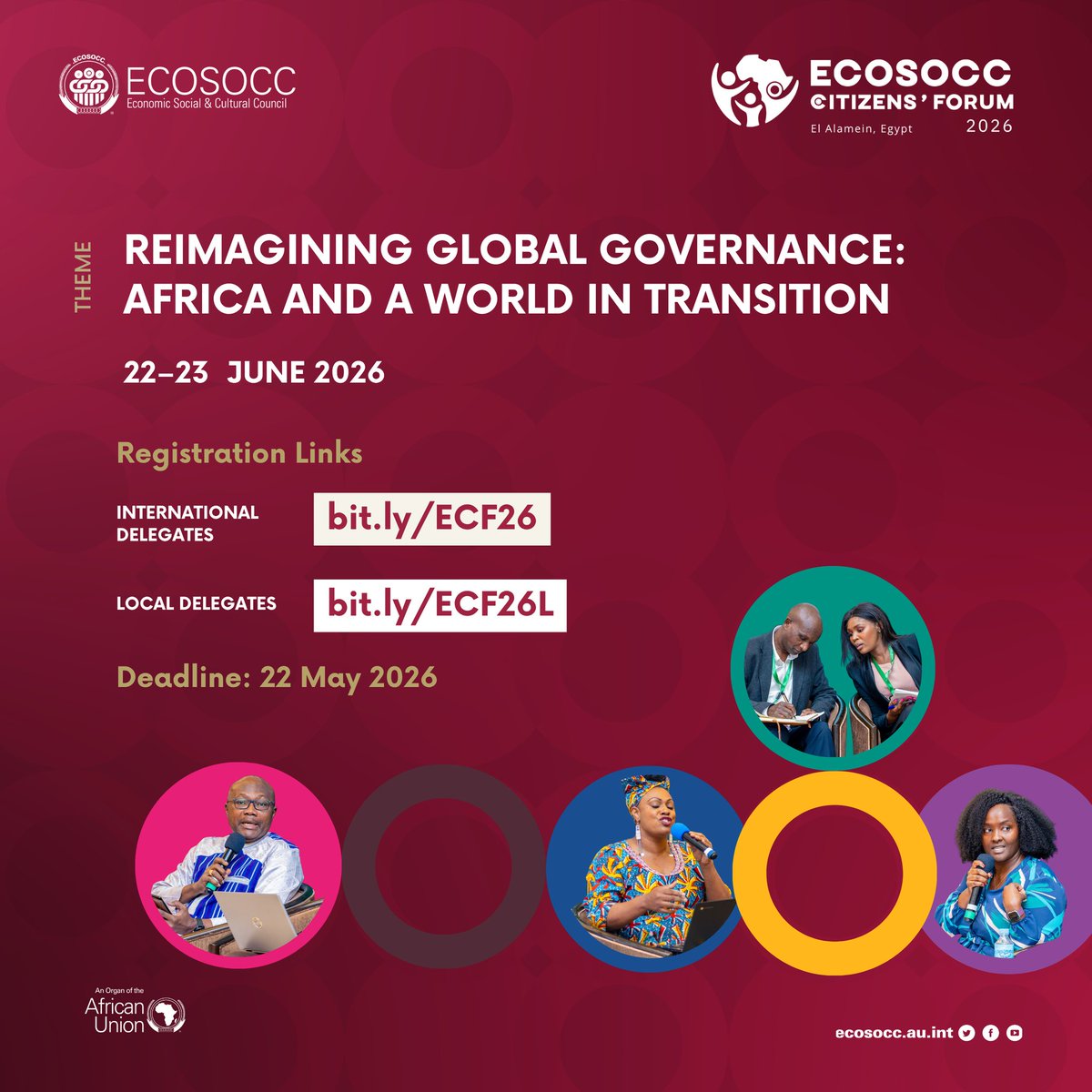 AU_ECOSOCC's tweet image. Community conversations on #debt, #climate, #water, #sanitation, and digital systems move into policy in June.

2️⃣0️⃣2️⃣6️⃣ ECOSOCC Citizens’ Forum
🗓22–23 June | 📍El Alamein, Egypt

Register:
International: forms.gle/G7uG9XTUoPabPs…⁠
Egypt: forms.gle/LgDKpGT6ofaM2D…⁠

#ECF2026