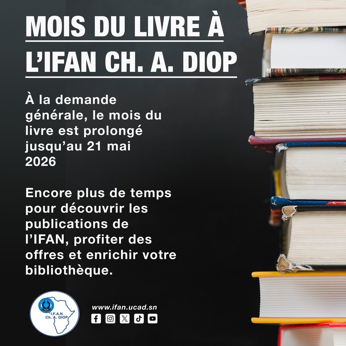 ifan_cheikhanta's tweet photo. Le mois du livre à l'IFAN CH.A.DIOP est prolongé à l'IFAN jusqu'au 21 mai .
 Passez découvrir les livres du service Publications. Tous les prix sont cassés https://t.co/3gRvj6cBTY
