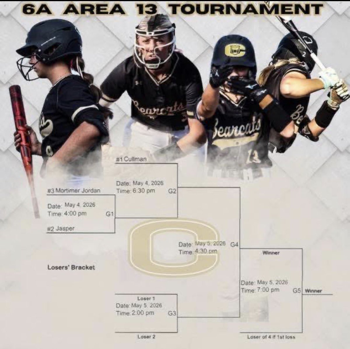 CullmanCats's tweet photo. Good luck to @CullmanSoftball as they host the 6A Area 13 Tournament today! Your #1 seeded Bearcats take the field at 6:30 PM against the winner of Jasper vs. M. Jordanโฆletโs pack the stands, bring the energy, and be loud! @Bearcat_ATH @kkallhoff @BOECullmanCity #BearcatNation https://t.co/lfwOjTGAmU
