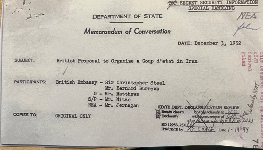 This screengrab is doing the rounds after a complete charlatan falsely claimed the CIA wasn't involved in the 1953 Iran coup. Note, Mosaddegh's overthrow was an *MI6* plot the Americans funded due to British deception and inducements: 

kitklarenberg.com/p/very-british…
