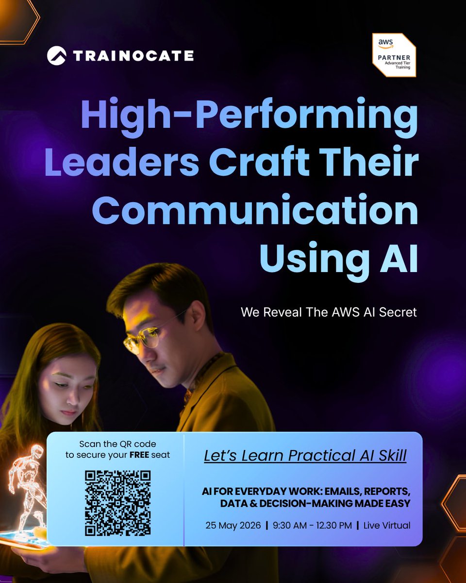 TrainocateM's tweet photo. Work smarter, not harder ~ unlock the power of AI to write faster, think clearer, and get more done in less time 🚀✨ 

Secure your seat now
https://t.co/tlFnbi2K4b

#TrainocateMalaysia #AWS #GenerativeAI #WorkSmarter #FreeEvent https://t.co/oGPlf6H5pz