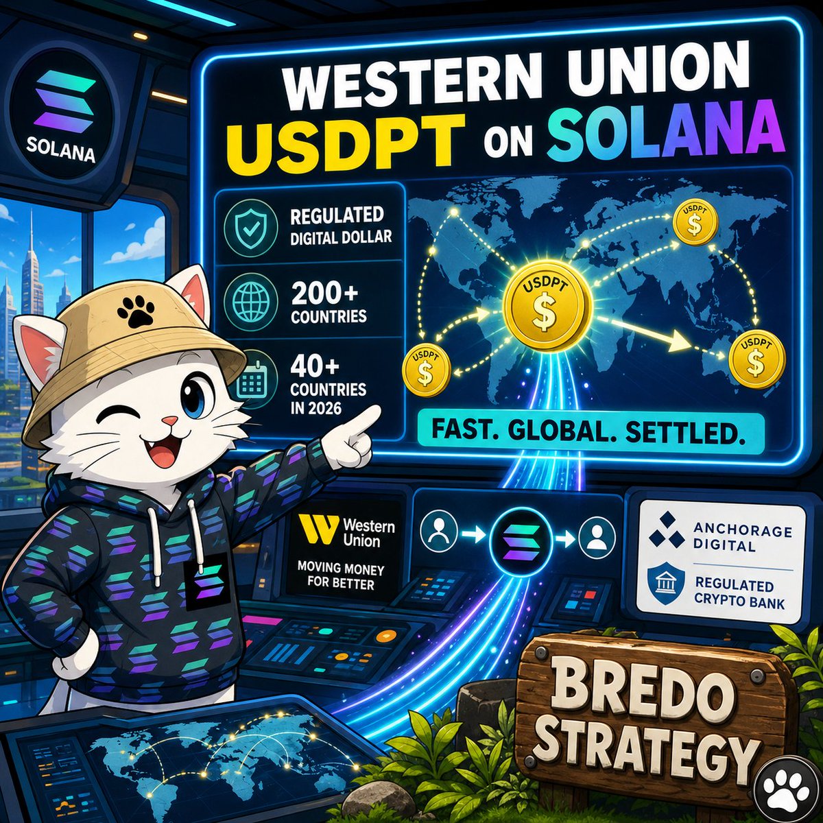 Western Union has launched USDPT, a U.S. dollar-denominated payment stablecoin built on Solana.

USDPT is fully backed by U.S. dollars and issued by Anchorage Digital Bank N.A., which Western Union describes as the first federally regulated crypto bank in the United States.

The