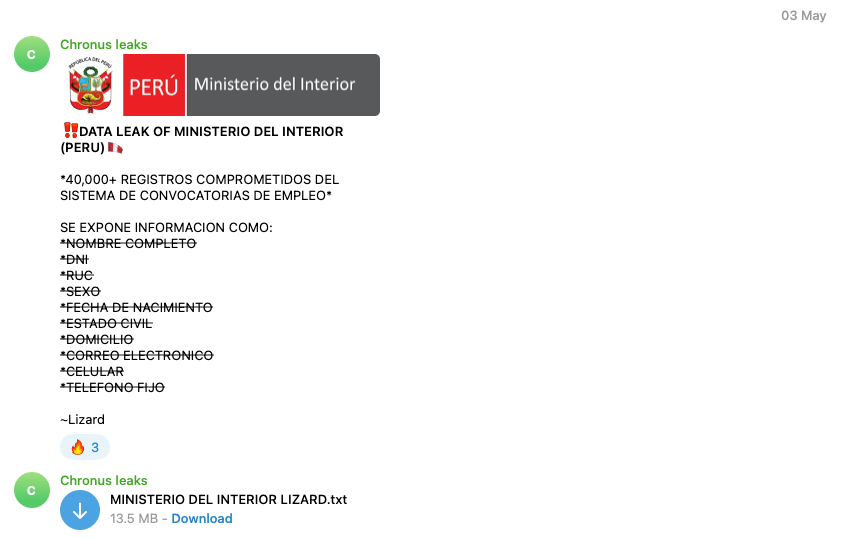 _venarixES_'s tweet photo. El grupo #hacker #Chronus habría publicado #dataleak posiblemente vinculada al Ministerio del Interior del #Peru 🇵🇪 (@MininterPeru), es la agencia gubernamental responsable de la seguridad interna y el orden público...
Se evidencian: nombre, apellidos, DNI, RUC, fechas de nacimiento, direcciones, teléfonos, estado civil y correos electrónicos…
@pcmperu 
Monitorea este incidente en #VenariX ➡️ https://t.co/OW9Te2XdwS
#ciberataque #Lima #MininterPeru #infosec #Ciberseguridad #CyberSec