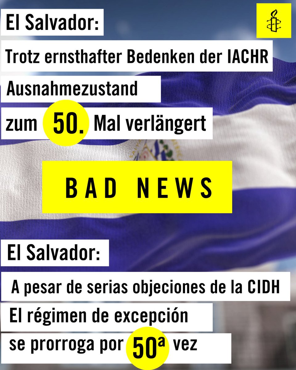 Ein trauriges "Jubiläum" in #ElSalvador: 50. Verlängerung des Ausnahmezustands, der zu Tausenden willkürlich Inhaftierten führte. Ein Ausnahmezustand löst keine Probleme, er verschlimmert sie nur. Er muss sofort beendet werden!
