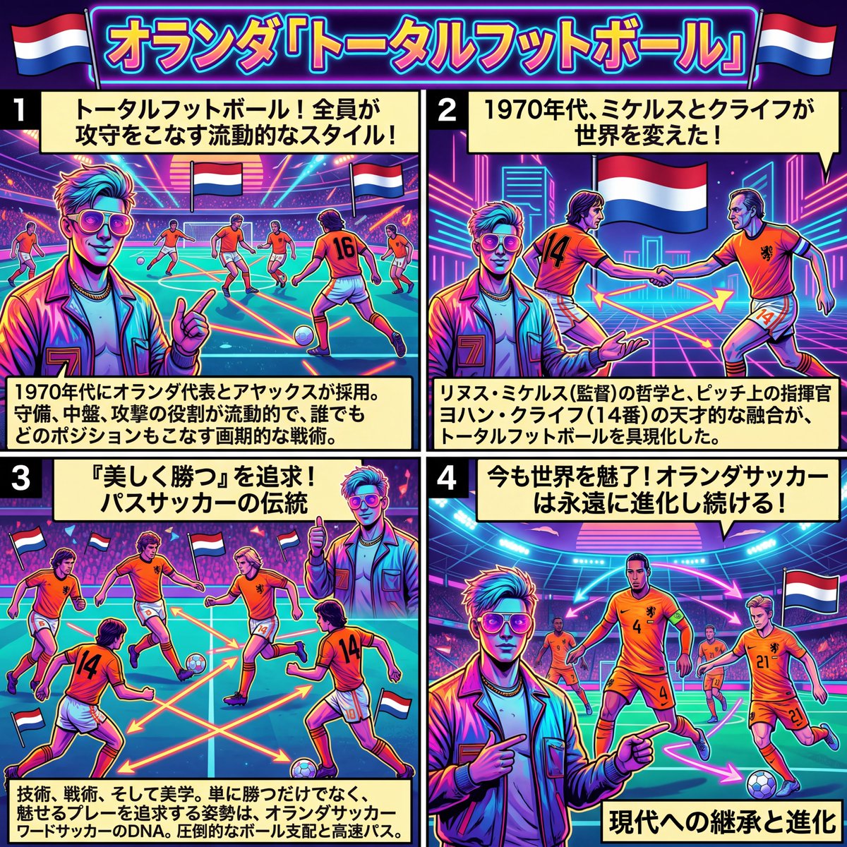 ⟡ 🇳🇱World Cup【オランダ紹介】⟡
オランダサッカーといえばトータルフットボールだけど、その原点はやはり空飛ぶオランダ人 クライフ！ ※4K生成拡大OK！
もし貴方もオランダチームの一員になりたかったらプロンプトをリプ欄に貼ったからやってみて～