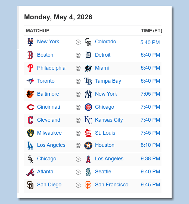 BSmile's tweet image. Here's the #MLB schedule for Monday, May 4th - PLAY BALL!!!