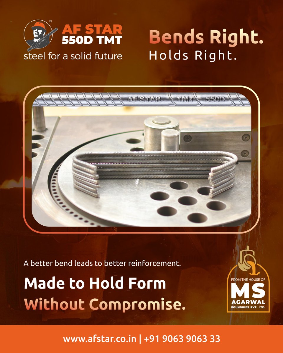 AFStartmt's tweet photo. Strength isn’t just about how steel stands, it’s about how it performs under pressure. AF Star TMT bars are engineered for superior bendability without compromising on strength, ensuring flexibility during construction and unwavering support for years to come.

Crafted through advanced processes and backed by MS Agarwal Foundries Pvt Ltd, every bar delivers the perfect balance of ductility and durability.

AF Star - flexibility that strengthens, reliability that lasts.

For More Details, Visit: https://t.co/KMFmjXVPkf

Call: +91 9063 9063 33

#AFStarSteel #BendsRightHoldsRight #TMTBars #ConstructionStrength #BuildWithConfidence #EngineeringExcellence