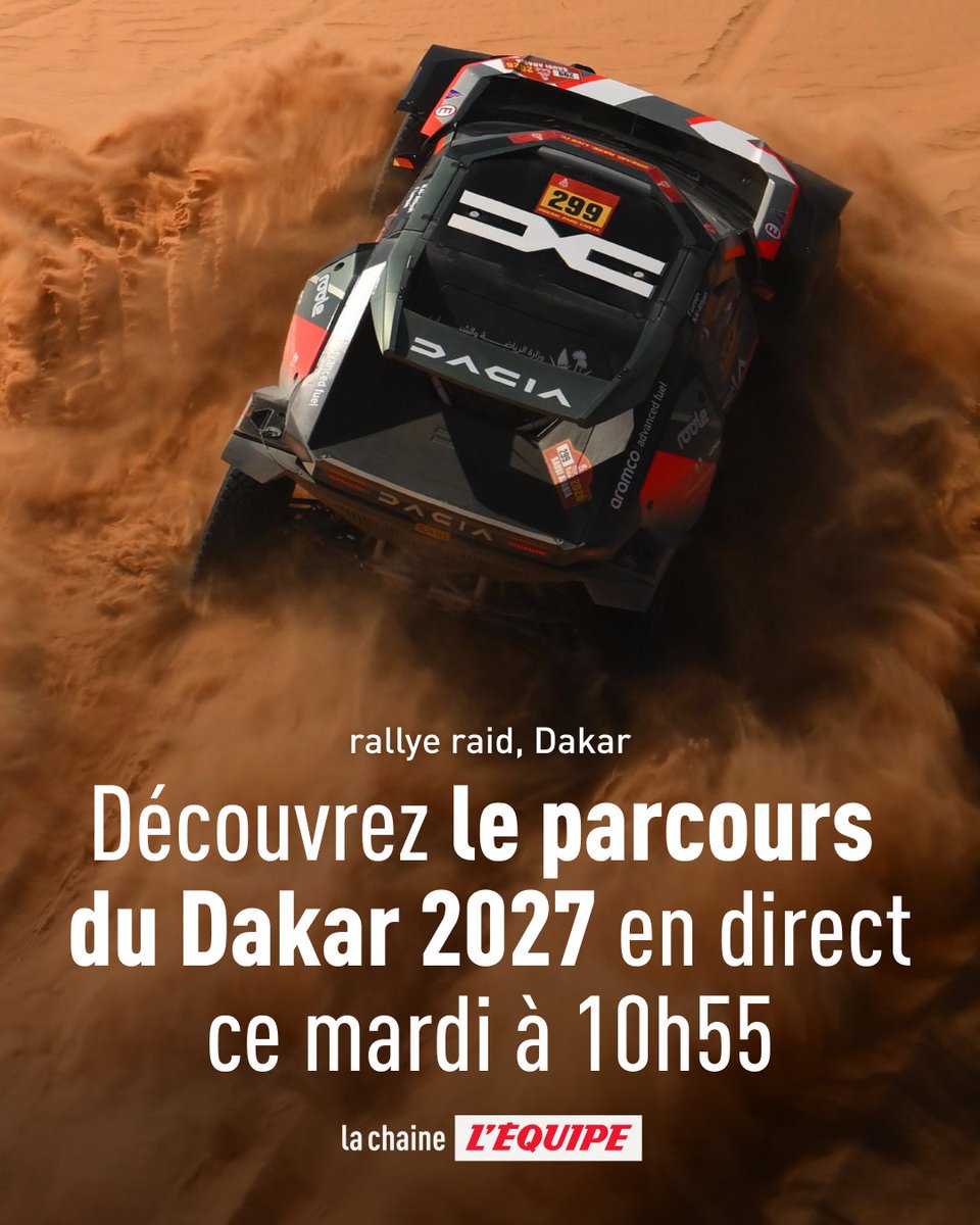 lachainelequipe's tweet photo. Rendez-vous demain pour suivre en direct la présentation du parcours du @dakar 2027 en direct de Paris ! 

#Dakar2027 https://t.co/4mTxqkfNuT