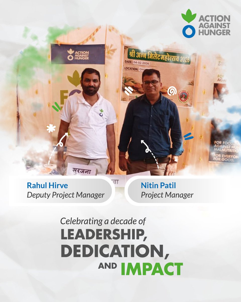 AAH_India's tweet photo. Ten incredible years with Action Against Hunger Foundation, creating meaningful impact every step of the way.

Celebrating the dedication and leadership of Nitin Patil and Rahul Hirve.

#ActionAgainstHunger #10YearsCompleted #DecadeOfImpact https://t.co/pc5xIYctQm
