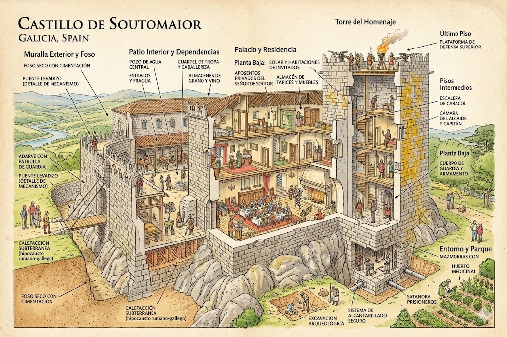 BunkerInversor's tweet photo. Ever spent hours staring at those detailed cross-section books as a kid? 🏰✨
This Stephen Biesty-style illustration of the Castillo de Soutomaior in Galicia is packed with hundreds of tiny figures!

#Soutomaior #Galicia #Medieval #CrossSection #Wimmelbilder #StephenBiesty #Vigo https://t.co/ulpSPlpBvX