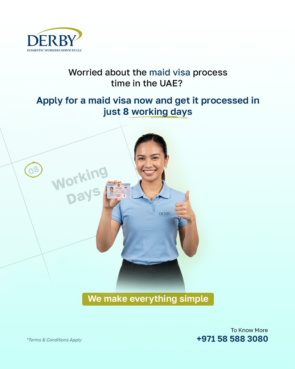 DerbyVisaCenter's tweet photo. Worried about the maid visa process time in the UAE?
We make everything simple. Apply for a maid visa now and get it processed in just 8 working days.

✔ Medical &amp; Emirates ID
✔ Free transport for Emirates ID &amp; medical visits in Dubai

Call: +971 58 588 3080

#MaidVisa #Dubai https://t.co/PAdjwfQtHU