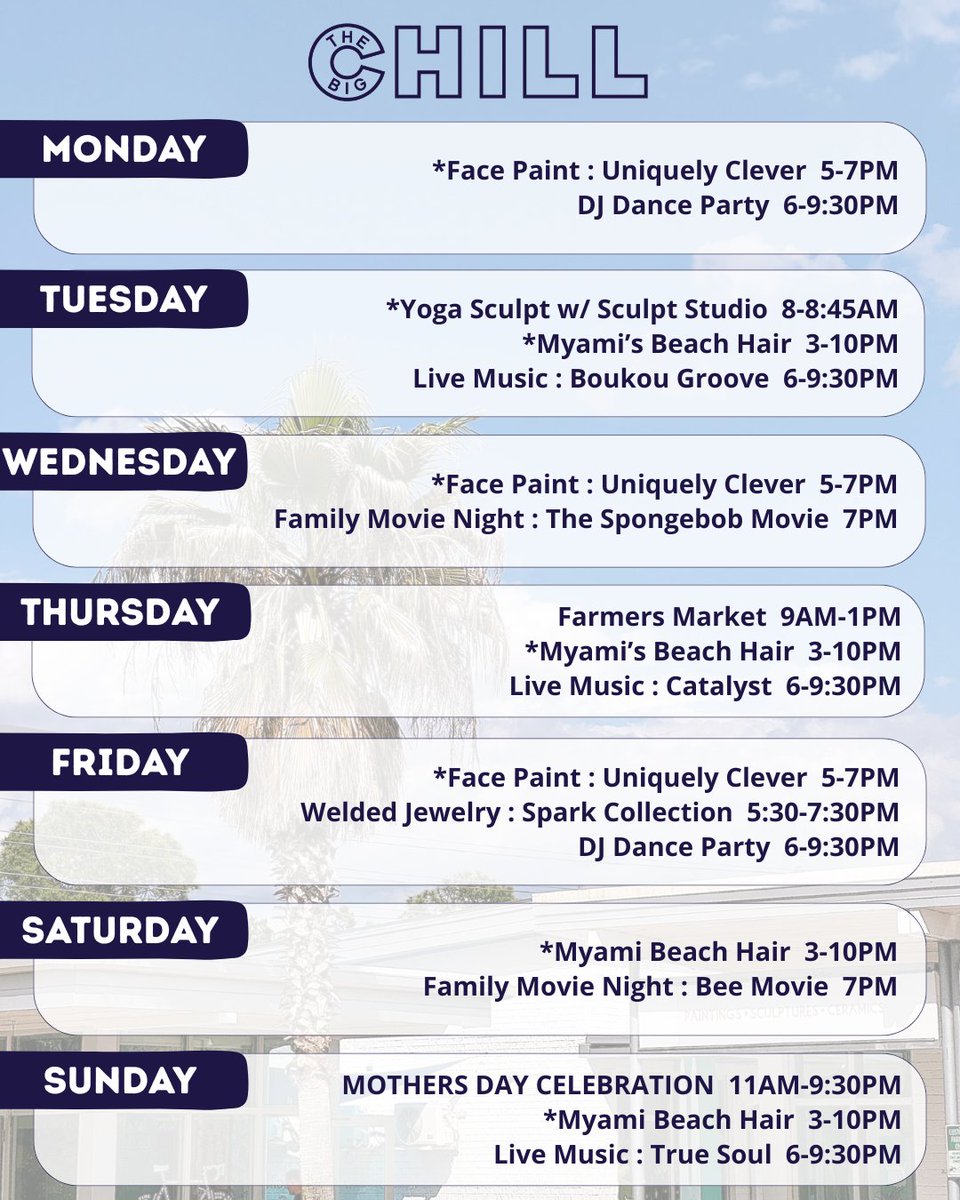 TheBigChill30A's tweet image. Happy Monday! 😎 Check out this week's lineup and don't forget to join us for Mother's Day with mimosa specials, a movie matinee + crafts! 💓 

#thebigchill30a #30alife #mothersday #mimosaspecials #30aevents #30a #southwalton