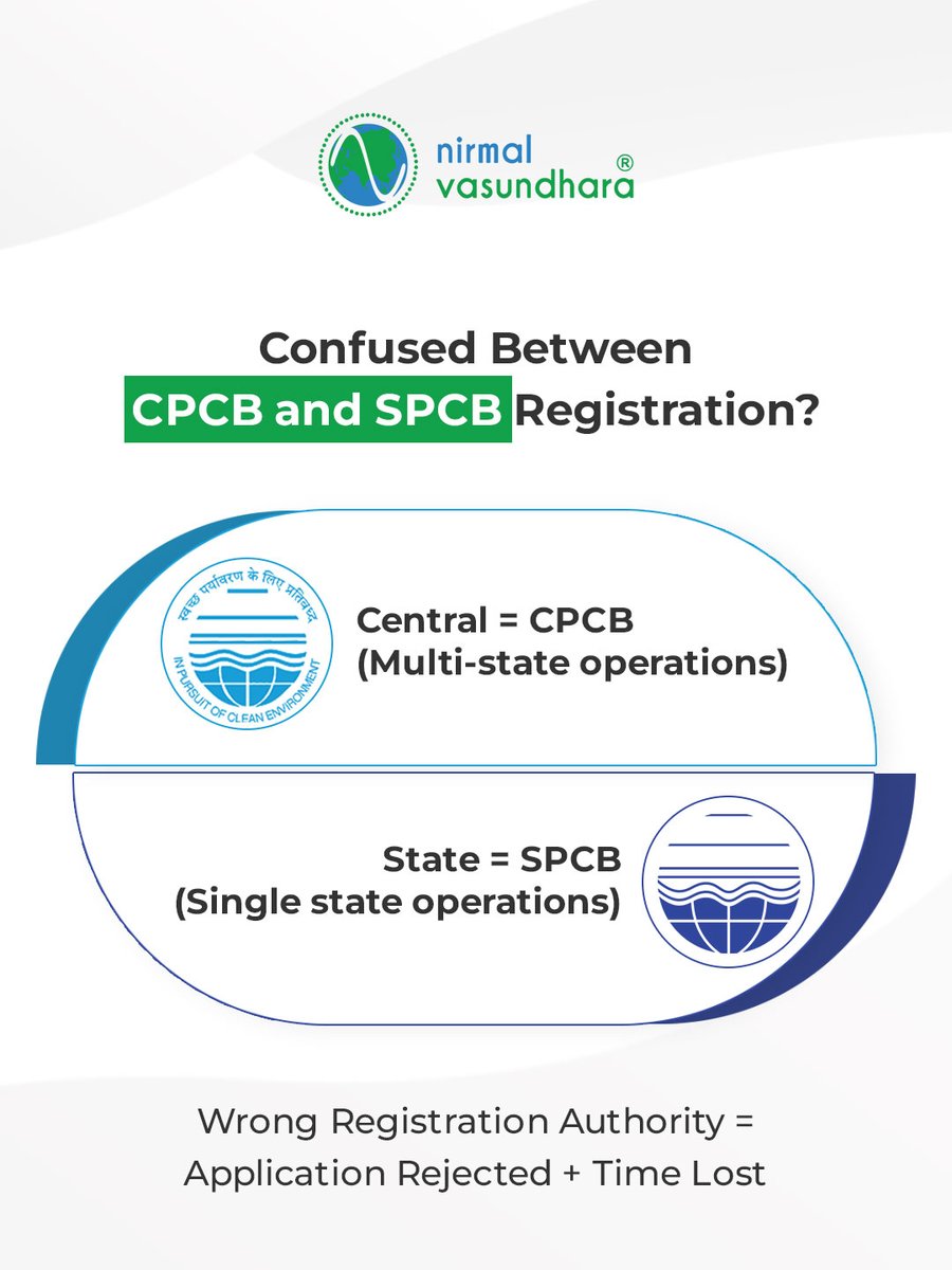 nirvasu's tweet photo. Confused between CPCB and SPCB registration?

CPCB = Multi-state operations
SPCB = Single state operations

Wrong authority = application rejected + time lost.

Nirmal Vasundhara determines the right registration path for you.

#NirmalVasundhara #EPRCompliance https://t.co/9mzJ7Ktp7R