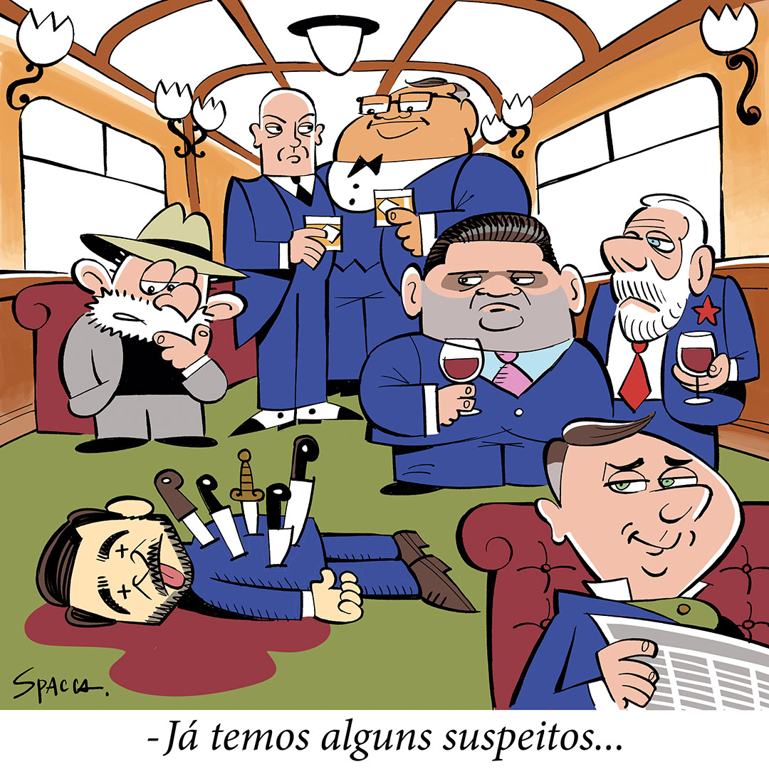 canalmeio's tweet image. Assassinato no Expresso Oriente. 

Charge de @spacca_joao para a newsletter desta segunda-feira (4). 

#meio #charge #eleições #politica
