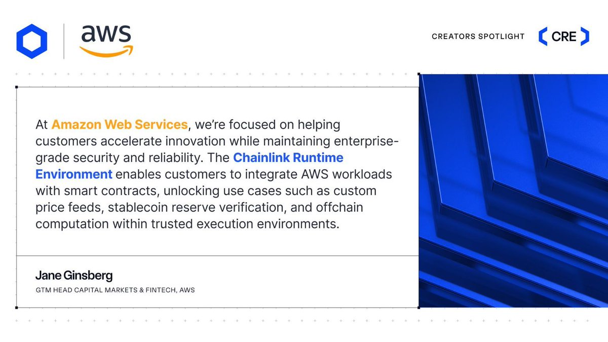 🚨AMAZON WEB SERVICES NEED $LINK 🚨

<a href="/awscloud/">Amazon Web Services</a> integrated with <a href="/chainlink/">Chainlink</a> CRE to connect cloud systems with smart contracts.

Their Head of Fintech Jane Ginsberg said "CRE enables customers to integrate AWS workloads with smart contracts”

One day everything will run on $LINK