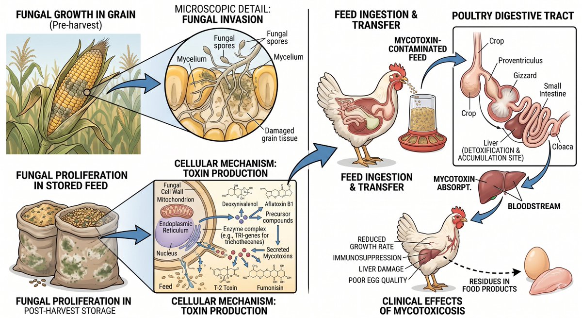 YtrustR33874's tweet image. Fungal invasion in grains produces mycotoxins that contaminate feed, enter poultry digestive systems, spread via bloodstream, damage liver, suppress immunity, reduce growth, and leave harmful residues in eggs and meat.#Mycotoxins #PoultryHealth #AnimalFeed #FeedSafety #Poultry