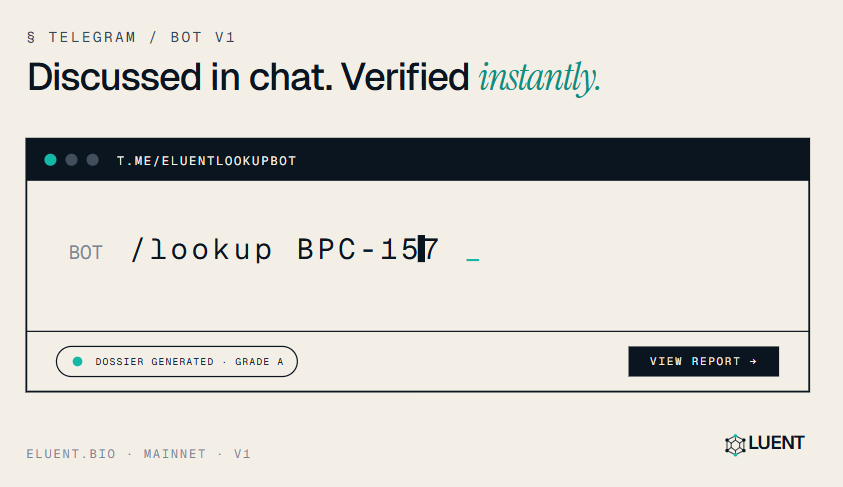 EluentBio's tweet photo. Peptides get discussed in telegram. 

Now they get verified there too.

  🤖 @EluentLookupBot is live.

  drop /lookup <name> in any chat → instant dossier:
  • grade A–X (Eluent confidence rubric)
  • mechanism + primary targets
  • metabolism + half-life notes
  • top research uses
  • vendor coverage count
  • deep link to full on-chain attestation

  Works on:
  • 1:1 DMs
  • group chats (rate-limited so it doesn't spam)
  • any community where peptides come up — biohacker chats, gym groups, vendor support rooms

  Backed by:
  • curated peptide seed table
  • UniProt + AlphaFold DB + ESMFold for novel sequences
  • on-chain commit-reveal attestations on Solana mainnet

  free. no wallet. no signup. just add the bot.

  try it:
  /lookup BPC-157
  /lookup Tesamorelin
  /lookup GHK-Cu

  https://t.co/5hS6qNgvKO