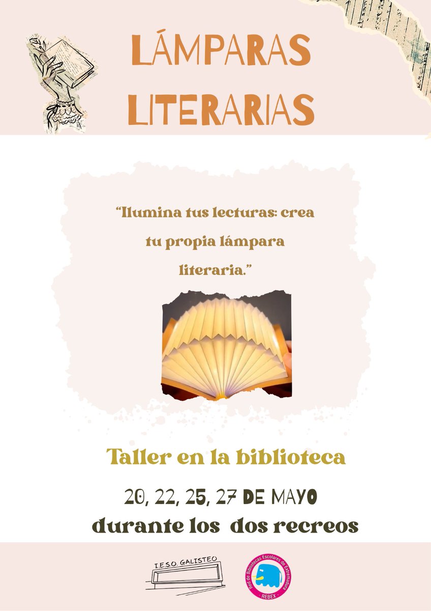 IESOGALISTEO's tweet photo. Último taller en la biblioteca: Lámparas literarias. Ven y anímate a crear tu propia lámpara literaria. Os esperamos los días 20, 22, 25 y 27 de mayo durante los dos recreos en la biblioteca.

#tei #ayudaentreiguales #patiosactivos #rebex #iesogalisteo https://t.co/6SFF4DDz4Z