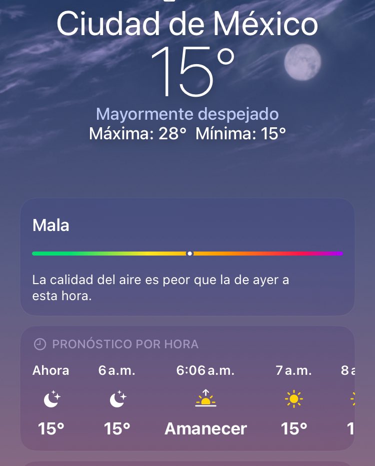 guiametromx's tweet image. #ÚltimaHora 🚨
⚠️ #MetroCDMX ⚠️
Reporte del CLIMA:
➡️ Ahora CIELO DESPEJADO ☀️ 
+Temperatura actual 15^ Sensación 14^
+Temperatura Máxima 28^
+Pronóstico: CIELO PARCIALMENTE NUBLADO 🌤️ por la tarde 
Calidad Aire: MALA ❌
¡Que tengas un gran día! 🍀
#TomaPrecauciones🚨