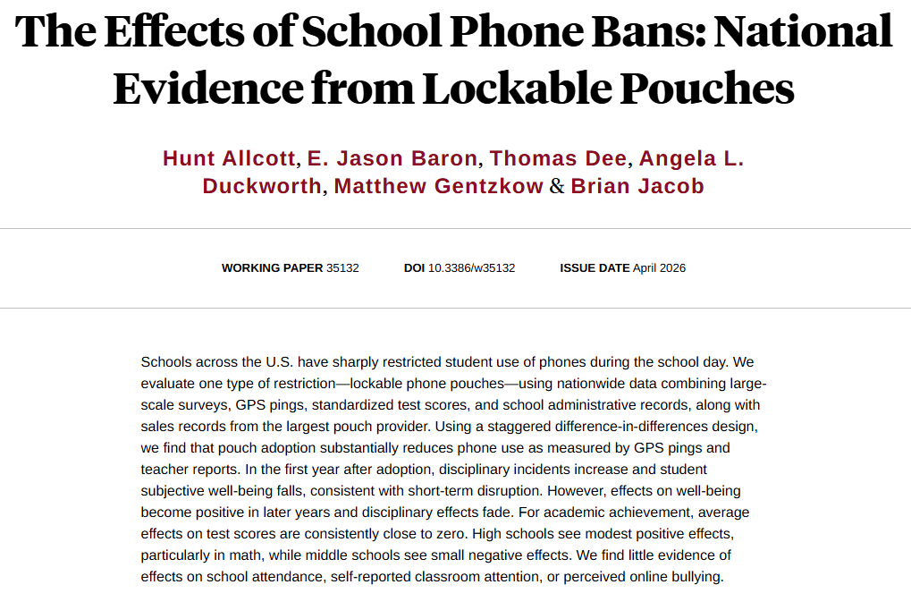 JimPethokoukis's tweet photo. Lockable phone pouches in schools cut phone use, but they produce "close to zero" average test-score gains. Modest math gains in HS offset by small negatives in middle schools. "Little evidence" of effects on attendance, classroom attention, or online bullying. @nberpubs https://t.co/gLHer0kVYF