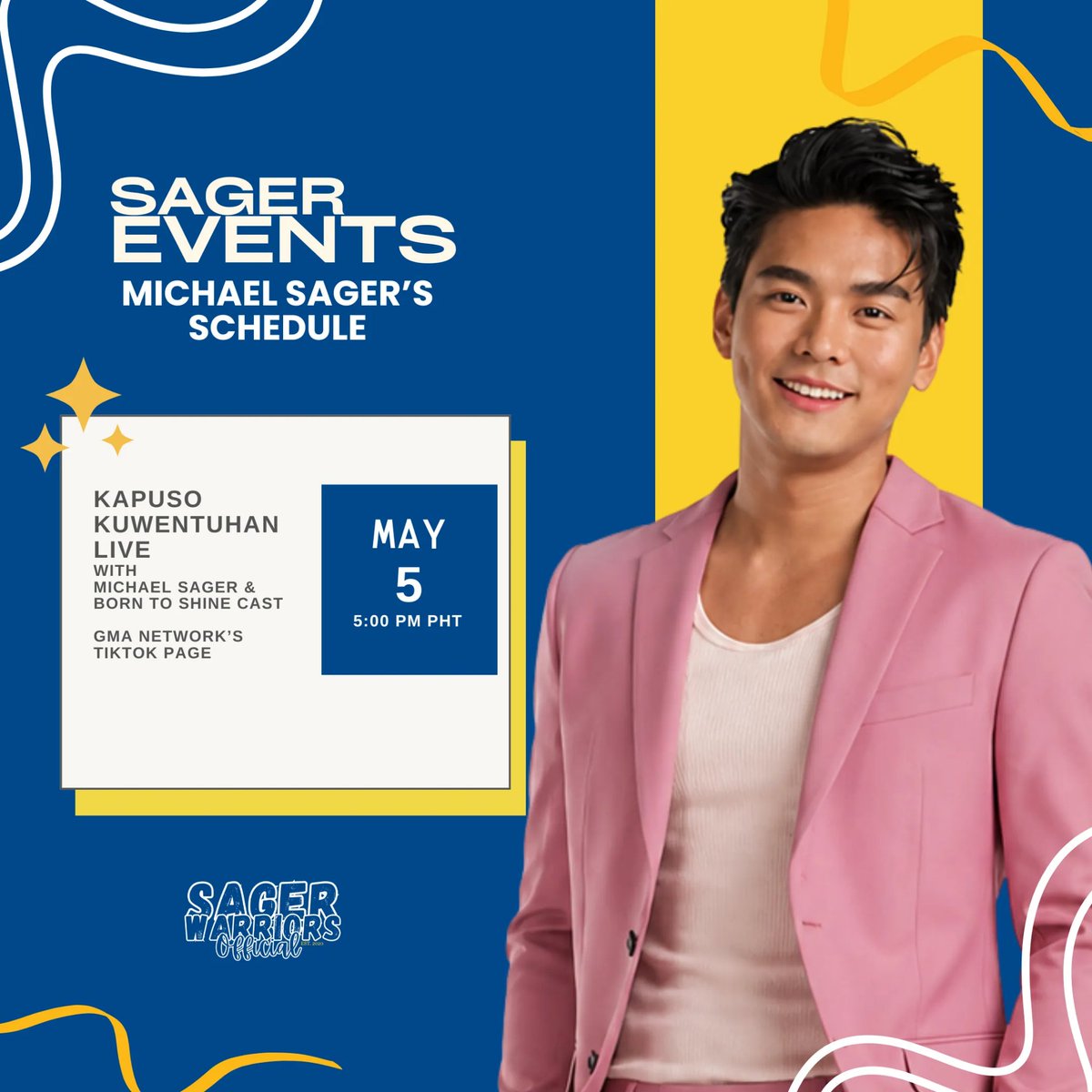 sagerwarriors's tweet photo. SHINING BRIGHT at KAPUSO KUWENTUHAN LIVE! ✨

Join GMA Network’s Kapuso Kwentuhan Live with Michael Sager and the Born to Shine cast, featuring Zephanie and Vina Morales plus special guests!

📅 May 5 (Tuesday)
⏰ 5:00 PM (PHT)
📍 LIVE on TikTok (@gmanetwork) https://t.co/OmqPwqBGiy
