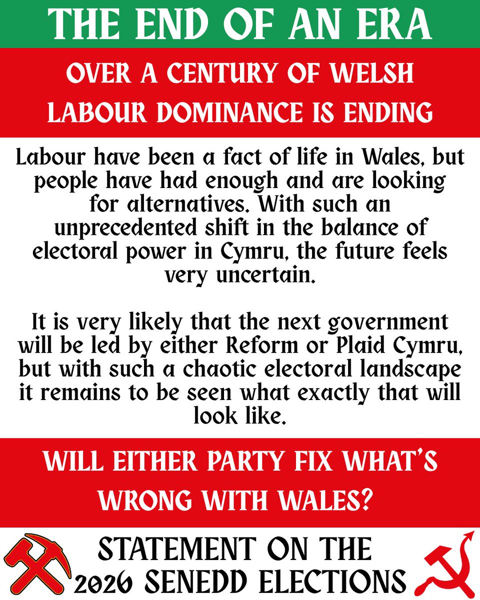 WelshUGN's tweet photo. A century of Labour rule is ending, and the next Welsh government will either be led by Plaid Cymru or by Reform.

Plaid Cymru are the better option, but its clear they're not offering systemic solutions to our problems. Welsh workers need to build our own independent movement. https://t.co/denAGkbtMg