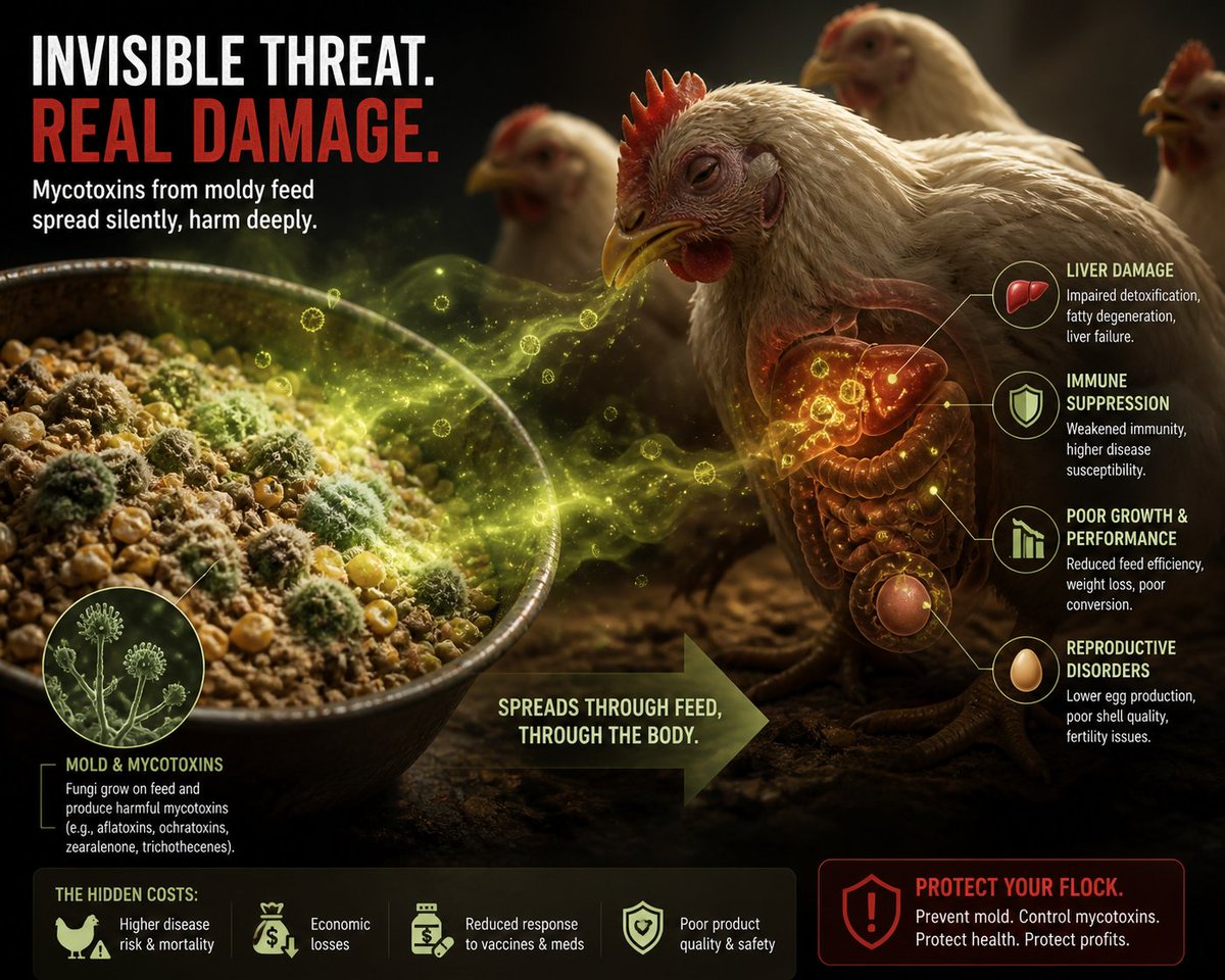 YtrustR33874's tweet image. Invisible mycotoxins in moldy feed spread through poultry, damaging liver, suppressing immunity, reducing growth and reproduction, increasing disease risk, and causing major economic losses while silently compromising flock health and productivity.#Mycotoxins #PoultryHealth