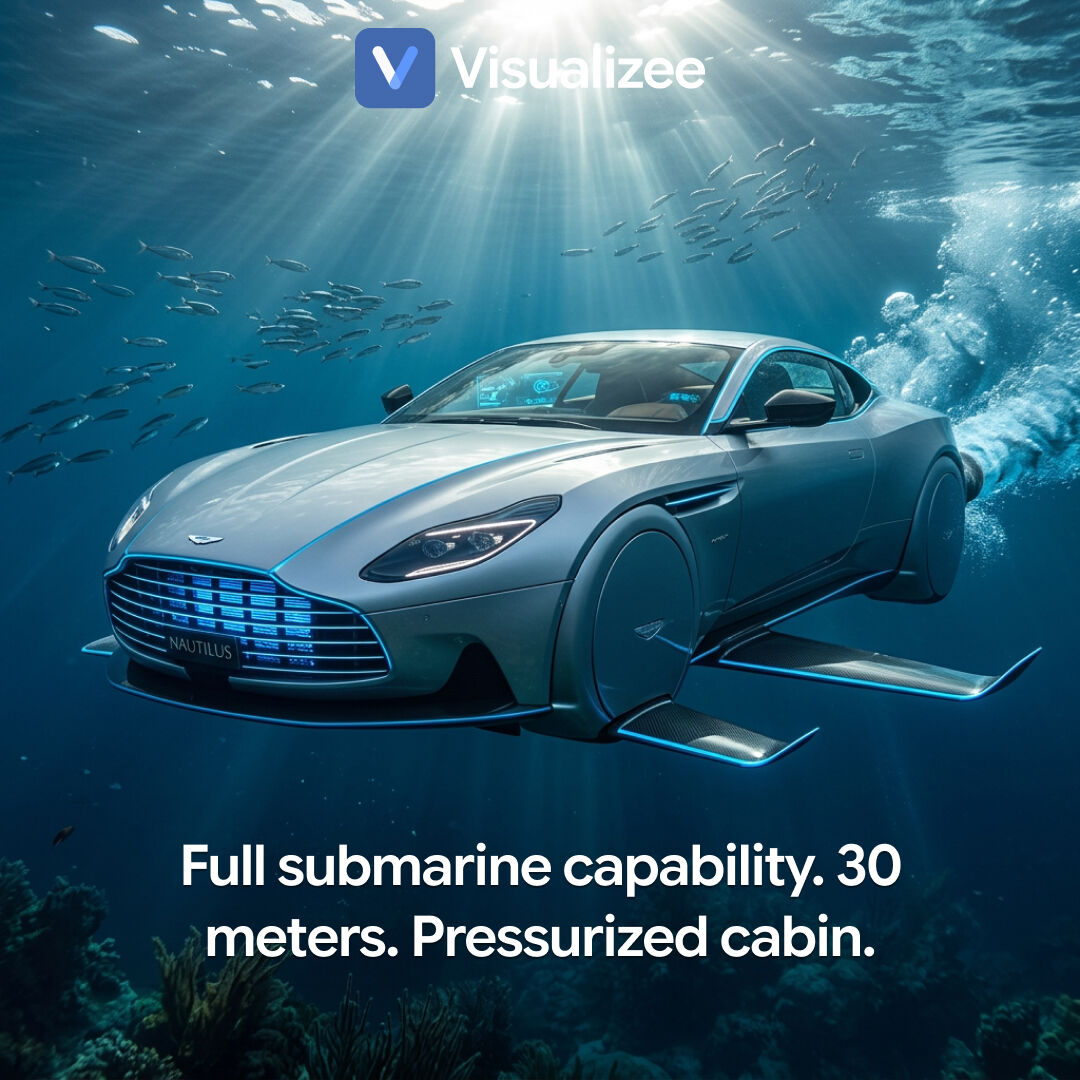 visualizeeAI's tweet photo. What if Aston Martin built a genuine amphibious grand tourer? The Nautilus transforms from a classic GT to a submarine in 30 seconds — wheels retract. James Bond approved. Concept rendered with https://t.co/Z1cGAxvhGJ. #AstonMartin #JamesBond #VisualizeeDriven #30ConceptsIn30Days https://t.co/1sZWNkHDgy