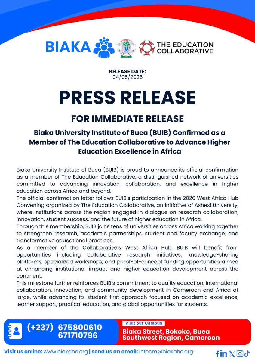 biakauniversity's tweet image. Biaka University Institute of Buea (BUIB) joins the Education Collaborative 🎓

Following the 2026 West Africa Hub Convening, this milestone opens new opportunities for partnerships, funding, and innovation across Africa. #BUIB #Education