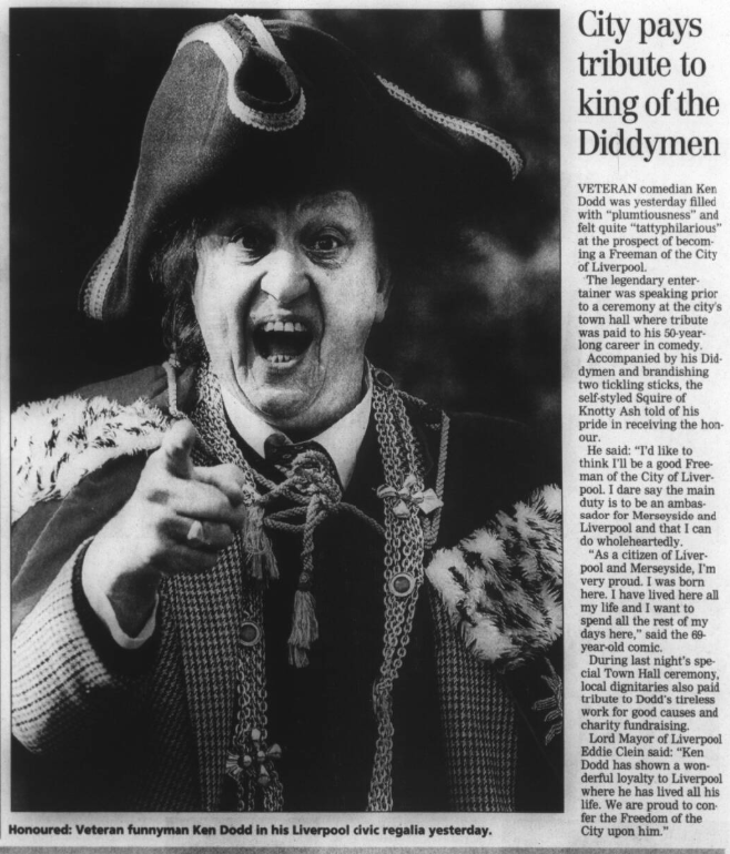 Liverpool1207's tweet image. #Liverpool OTD - 2001:  Ken Dodd is given Freedom of the City, in recognition of his 50-year career in comedy and his fundraising work for charity