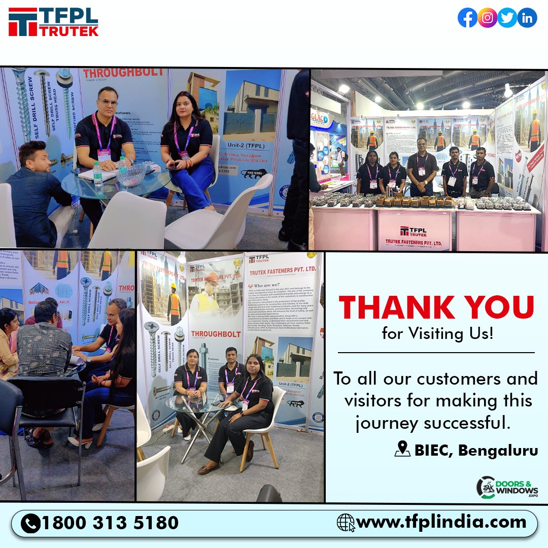 trutek_tfpl's tweet image. As we wrap up our journey at Zak Fenestration India Expo 2026, we thank you all customers and visitors for moment of success🙏

#ThankYouGod #Grateful #Blessed #ExhibitionSuccess #ZakExpo2026 #TrutekFasteners #BengaluruExhibition #BIEC #GratitudePost