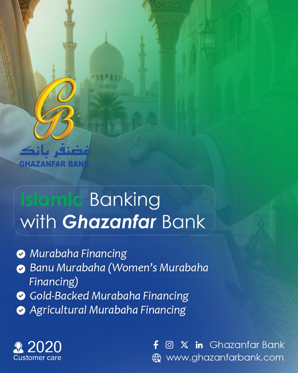 BankGhazanfar's tweet photo. Delivering Sharia-compliant financial solutions with Ghazanfar Bank to support sustainable growth.

- Murabaha Financing
- Banu Murabaha (Women’s Murabaha Financing)
- Gold-Backed Murabaha Financing
- Agricultural Murabaha Financing

#IslamicBanking #ShariaCompliant https://t.co/PYFwJs562s