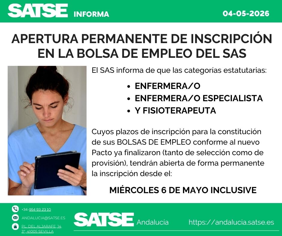 SATSE_Andalucia's tweet image. 🚨 #SAS informa: Apertura permanente de inscripción en la Bolsa de Empleo desde el 6 de mayo para:
👩‍️ Enfermera/o 
👨‍⚕️ Enfermera/o Especialista
💪 Fisioterapeuta
✅ Para categorías cuyos plazos ya finalizaron conforme al nuevo Pacto
#Enfermería #Fisioterapia
