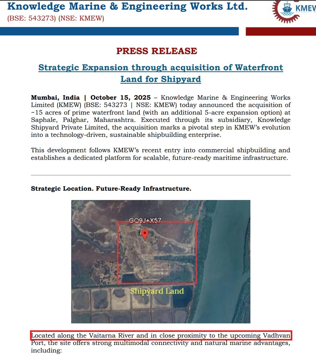 RHReporter's tweet photo. Knowledge Marine &amp; Engineering Works Limited🚢

🚨KMEW enters Commercial Shipbuilding through Subsidiary Knowledge Shipyard Pvt Ltd

1. Acquires 15 acres of Prime Waterfront Land at Saphale, Palghar

2. Hull Fabrication along with Mechanical + Electrical Workshop at the Facility https://t.co/FpTvriqFyC