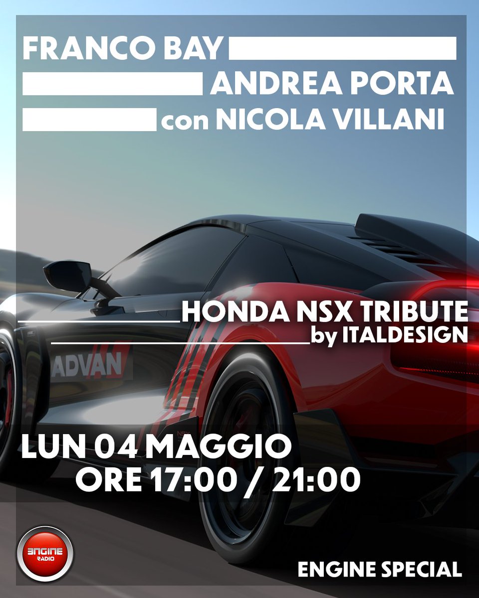 NicVillani's tweet photo. Da oggi su Engine Radio
una nuova puntata dell’Engine Special
con

@fbmas01 
e Andrea Porta
@italdesign 

Alle 17 e alle 21

Honda NSX Tribute by Italdesign

Anche sabato alle 14

#EngineRadio #Italdesign #ItaldesignAutomotive #NSX #Honda #Tribute #Legend #Passion https://t.co/P5m9oMqhPr