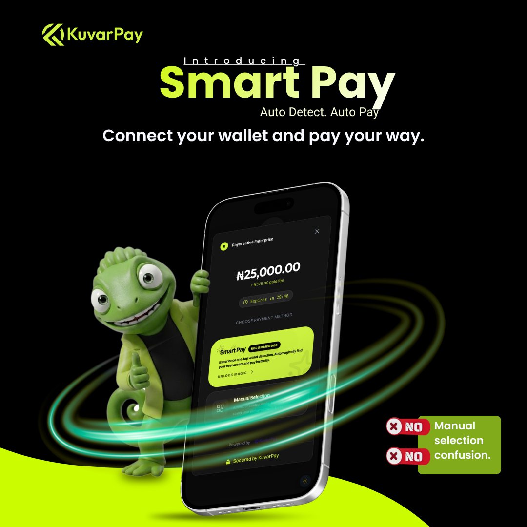 KuvarPay's tweet photo. We’ve been heads down building.

Today, we’re launching Smart Pay 🚀

KuvarPay now auto-detects your wallet assets across chains — so you can pay with what you already have.

No swaps. No manual setup. No confusion.

Just connect, choose, and pay. https://t.co/G6KfcfTSas