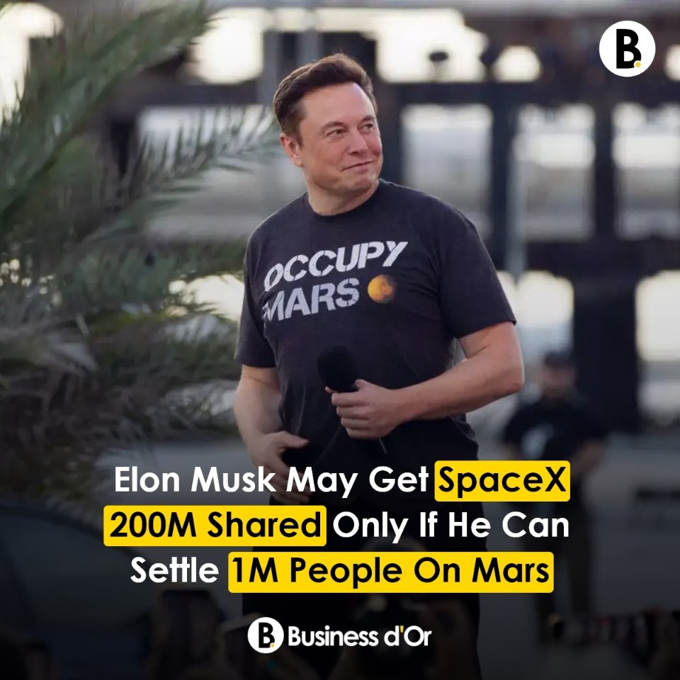 BusinessdOr's tweet image. The SpaceX board has approved a new pay package for Elon Musk that is directly tied to the development of a permanent human colony on Mars. According to confidential filings, the plan grants Musk 200 million super-voting restricted shares.

#spacex #elonmusk #mars #businessdor