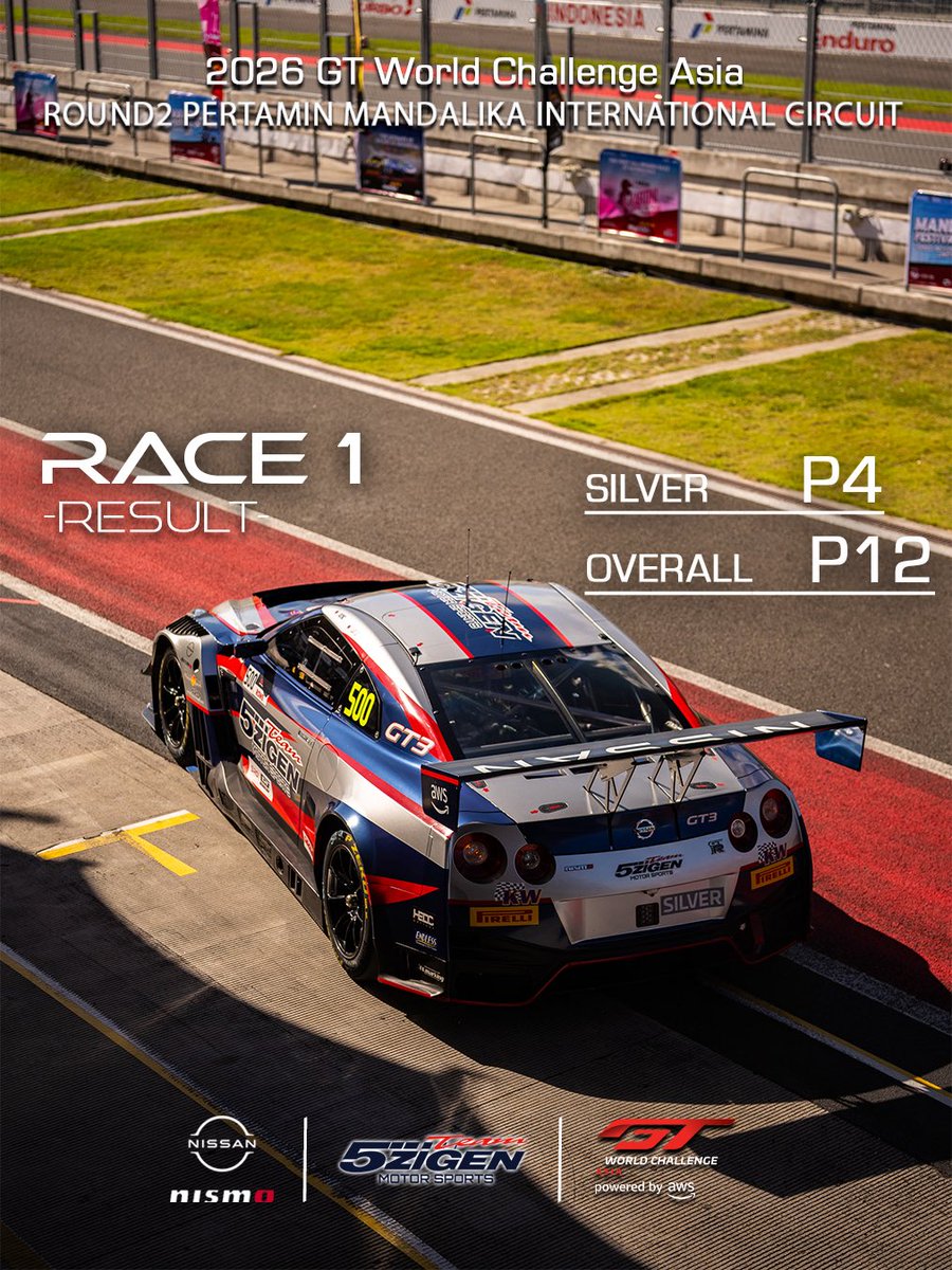 team5zigen's tweet photo. 2026 GT World Challenge Asia 
RD2 PERTAMINA Mandalika International Circuit 

Race 1 Result  

SILVER /  P4
OVERALL /  P12

ミッションのトラブルによりQFが走行できず。最後尾からのスタート。表彰台は惜しくも届きませんでしたが、クラスP4となりました。

皆様応援ありがとうございました https://t.co/5RNzxXBWo4