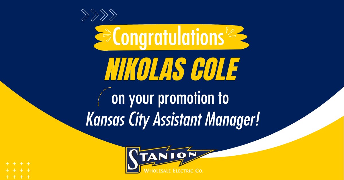 StanionElectric's tweet image. Big news!  Join us in congratulating Nikolas Cole on his promotion to Kansas City Assistant Manager!
We’re proud to have you on the team and can’t wait to see what’s ahead. ️
#Congratulations #CareerGrowth #StanionStrong