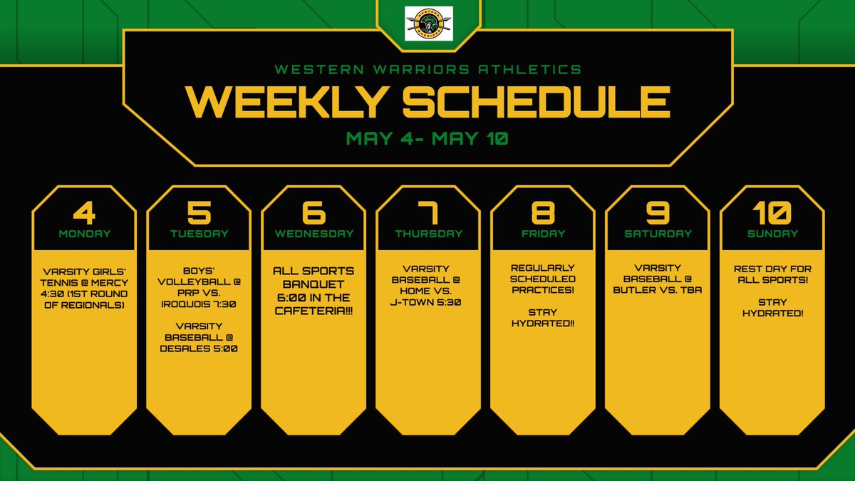 WesternTheSTEM's tweet image. Warrior Athletics this week! 💚🖤📣
Check out the schedule—boys volleyball, tennis, and baseball are all in action!

Plus, don’t miss our All-Sports Banquet on Wednesday! 🏆✨

Come out and support your Warriors! 🎉👏
#WarriorPride