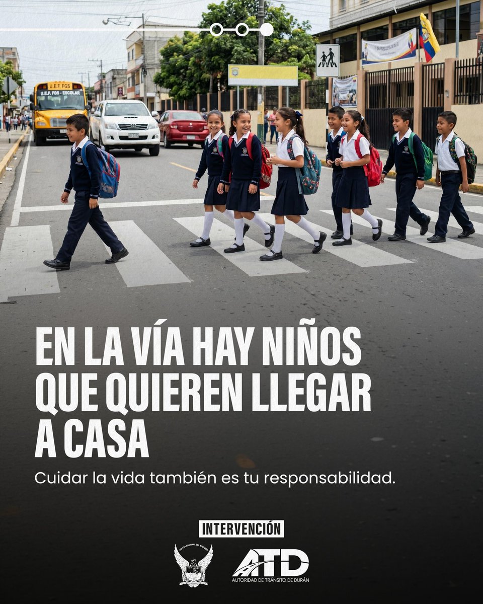 ATD_Duran's tweet photo. Hoy miles de niños vuelven a las aulas con mochilas llenas de sueños.
En las calles, nuestra misión es una sola: que lleguen seguros.

Respeta los pasos peatonales, reduce la velocidad y cumple las normas de tránsito.
En este inicio de clases, la vida tiene prioridad. https://t.co/leZSk4eexE