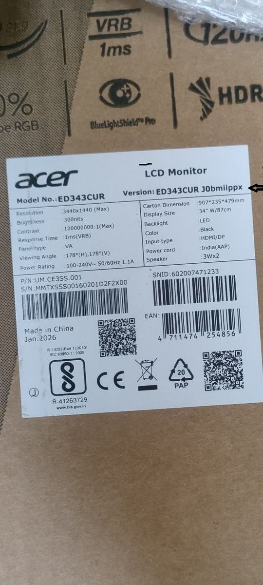 st236087's tweet photo. @JioMart_Support Received the wrong Acer monitor. Ordered ED343CUR X0 (200Hz, 0.5ms, DP 1.4) but got the inferior ED343CUR J0 (120Hz, 1ms, DP 1.2).  Clear box labels &amp; packaging attached as proof.  Ticket: 777638263372.1 https://t.co/Hrw3BFCF8t