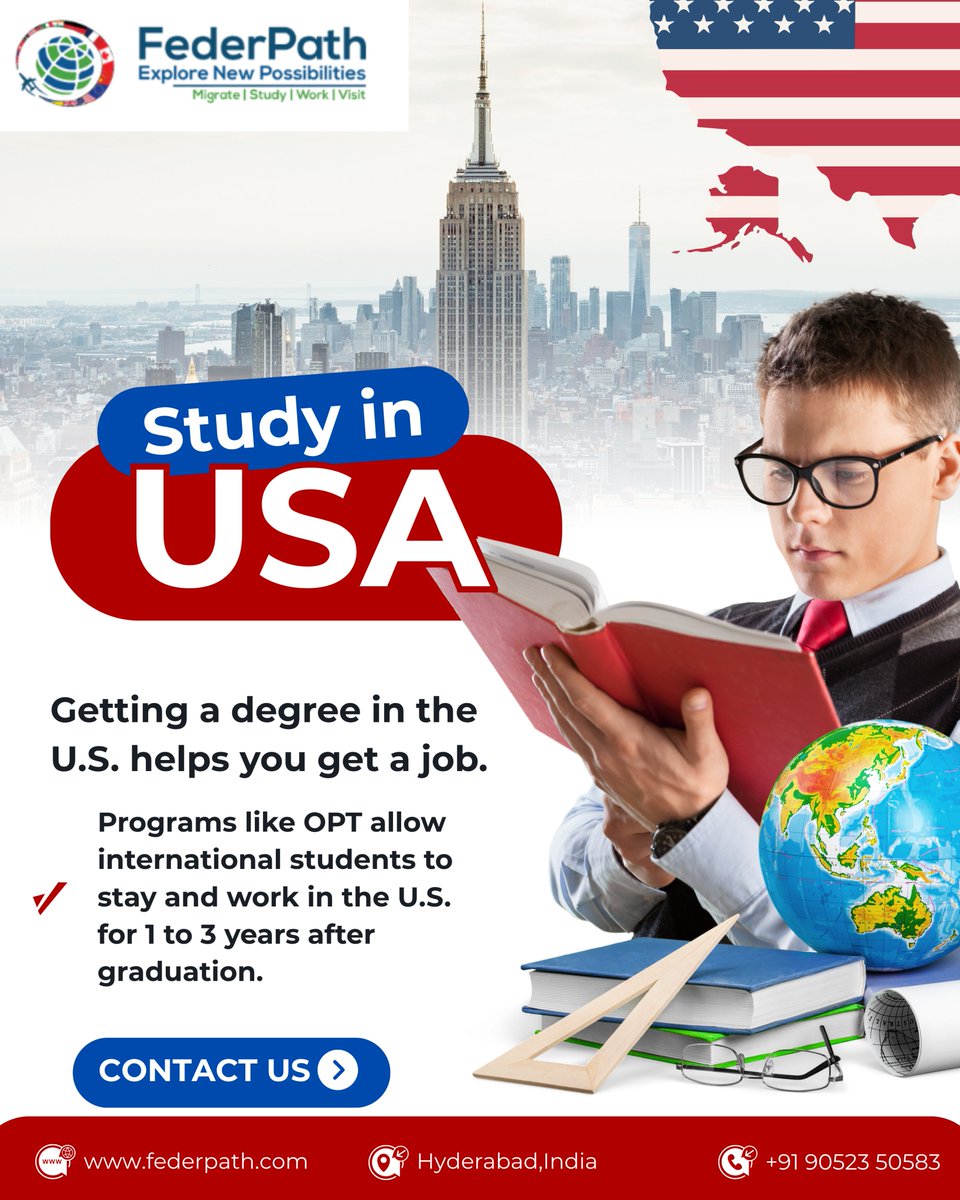 FederpathC's tweet image. Studying in the USA provides quality, flexibility, innovation, and opportunity. If you wish to study in the United States, contact FederPath USA Visa Consultant in Hyderabad today.

#StudyInUSA #USAVisa #HigherEducation #StudyAbroad #FederPath #HyderabadConsultants #USAEducation
