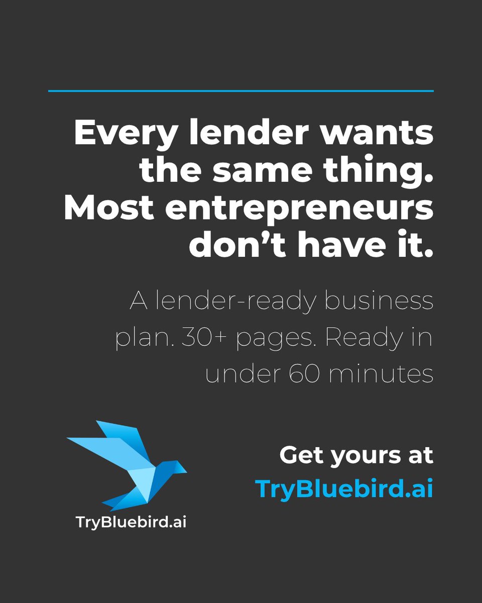 BluebirdBC's tweet image. Struggling to create a lender-ready business plan? 🚀 Meet Bluebird Ai: 30+ pages in under 60 mins, tailored for Canadian banks &amp;amp; investors. 
.
Get yours at TryBluebird.ai.
.
What's your biggest planning hurdle?
.
#BluebirdAi #EntrepreneurLife